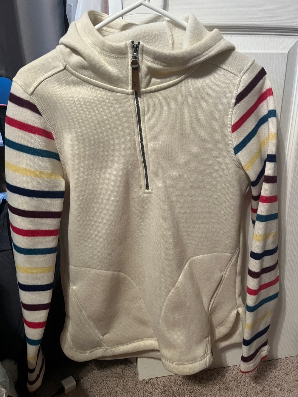 Cream Hooded Half-Zip Sweatshirt with Multicolor Striped Sleeves